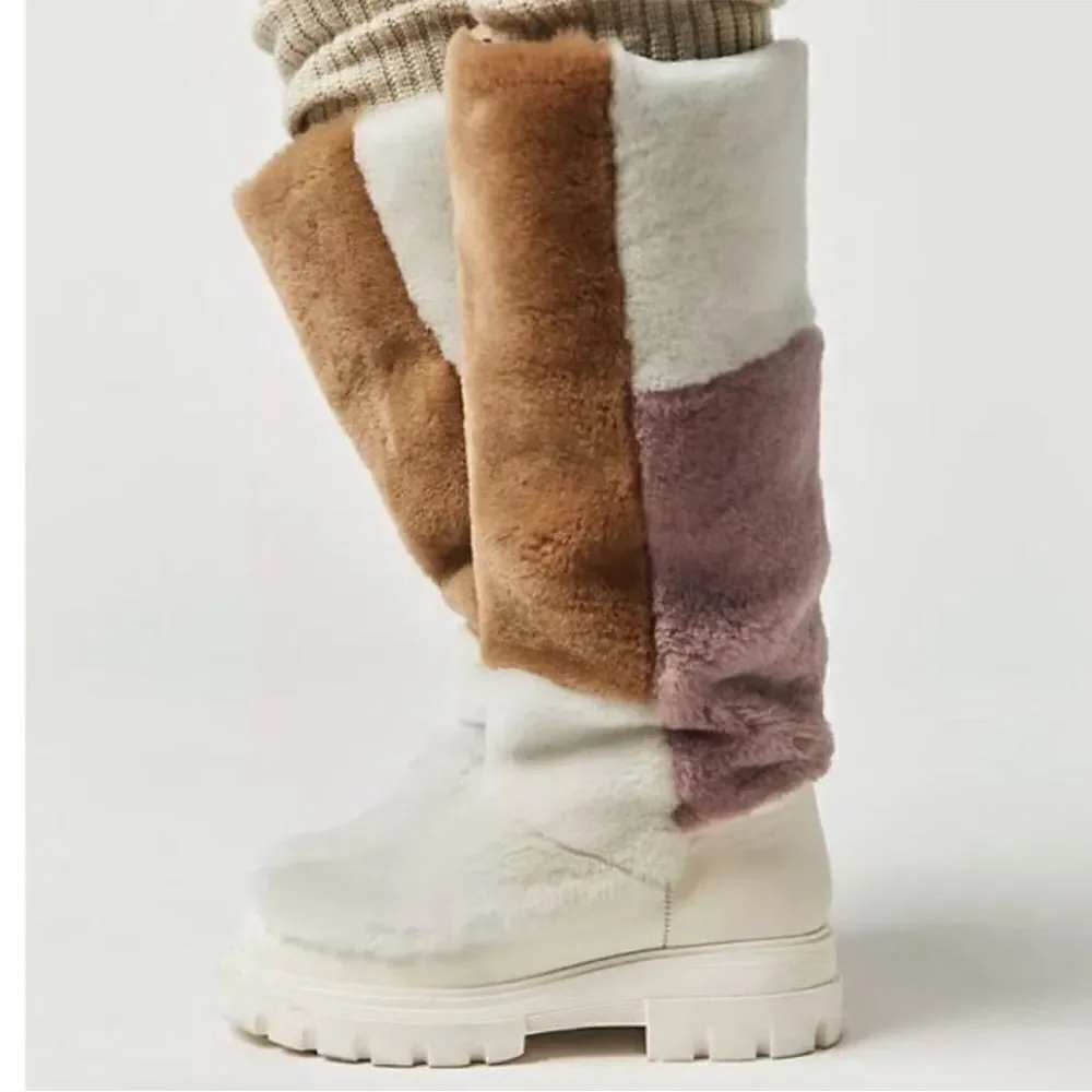 Free People Happy Thoughts Colorblock Shearling Fur Lug Sole Winter Boots US 9.5